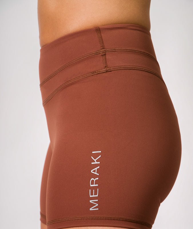 Cocoa Brown High - Waist Mid‑Compression Shorts - Meraki Fit LLC