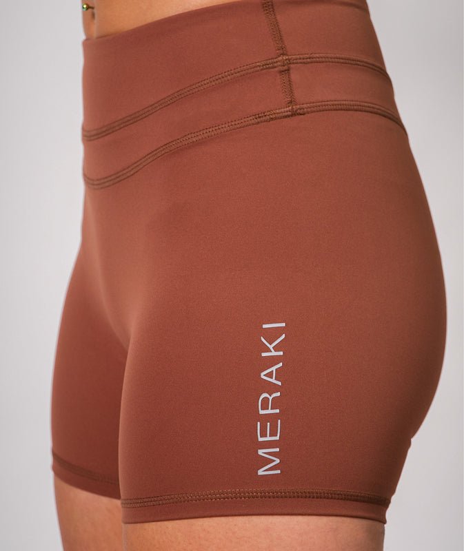 Cocoa Brown High - Waist Mid‑Compression Shorts - Meraki Fit LLC