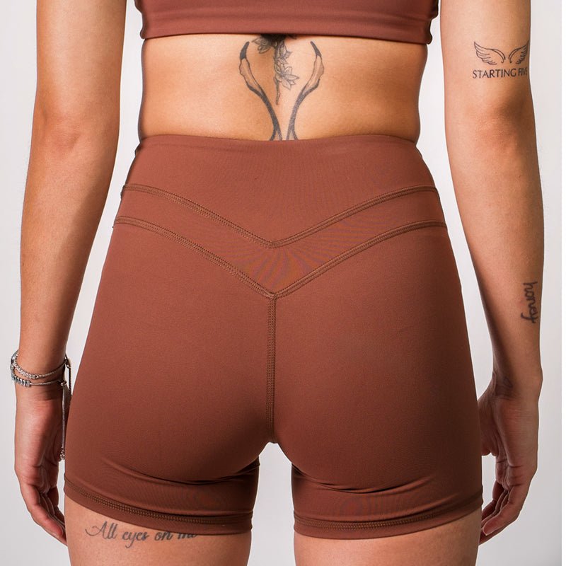 Cocoa Brown High - Waist Mid‑Compression Shorts - Meraki Fit LLC