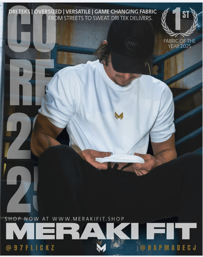 Man tugging and looking at Meraki white and gold dri tek 