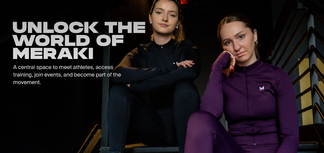 Unlock the World of Meraki: Elite Athletes in Black and Purple Activewear Sitting on Stairs, Promoting a Central Hub for Athlete Meetups, Training Access, Events, and Community Movement. Discover Meraki's premier platform connecting athletes worldwide with top-tier training resources, exclusive events, and a vibrant fitness movement. Join the Meraki community today to enhance your athletic journey with expert-led sessions, networking opportunities, and inspiring fit